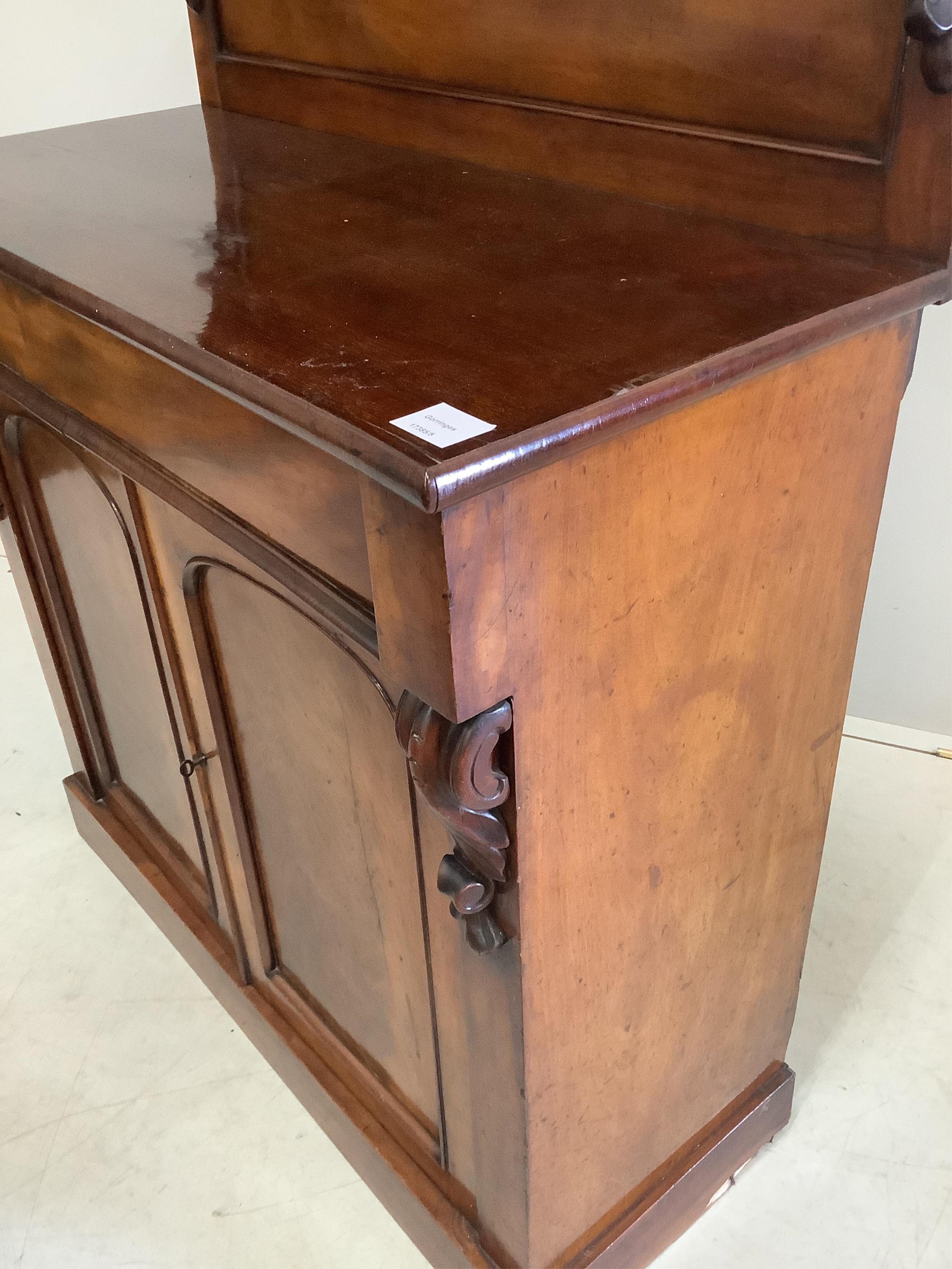 A Victorian mahogany chiffonier, width 91cm, depth 42cm, height 145cm. Condition - fair, plinth foot damaged